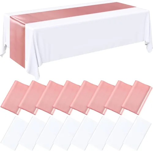 Vista 8 de Tudomro 16 piezas de manteles de plástico desechables negros y rosa fuerte y juego de camino de mesa de satén 54 x 108 pulgadas Mantel 12 x 108