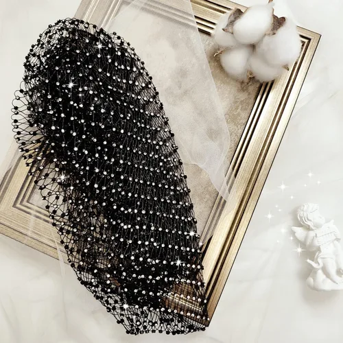 Vista 8 de Bufanda para la cabeza con diamantes de imitación para mujer, gorra elástica, turbante, diadema de discoteca, gorra de malla de cristal, redecillas
