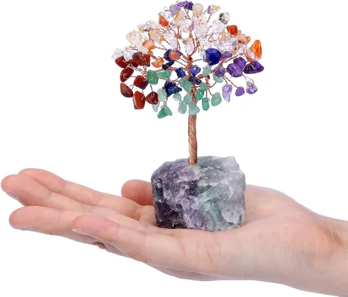 Vista 3 de Jovivi Árbol de cristal natural de 7 chakras, cristales curativos crudos, base de fluorita, árbol de dinero bonsái para el hogar, oficina