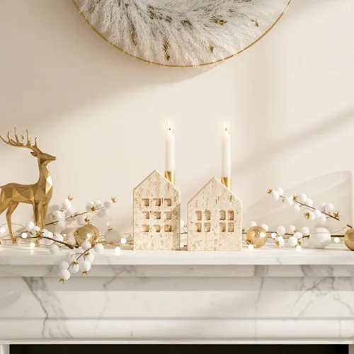 Vista 4 de DN DECONATION - Juego de 2 portavelas de Navidad, portavelas de casa with Metal Chimney for Taper Candles, Boho Travertine-Style Holiday Table