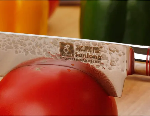 Vista 8 de SUNLONG Santoku - Cuchillos de 5 pulgadas con mango de cuernos naturales de Damasco martillado japonés