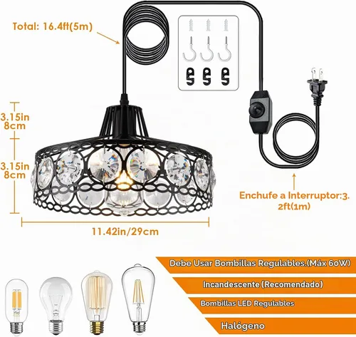 Vista 3 de Lámpara Colgante de Cristal Enchufable Negra Candelabro de Metal Industrial Luz Swag con Cable de 15 Pies e Interruptor de Encendido/Apagado