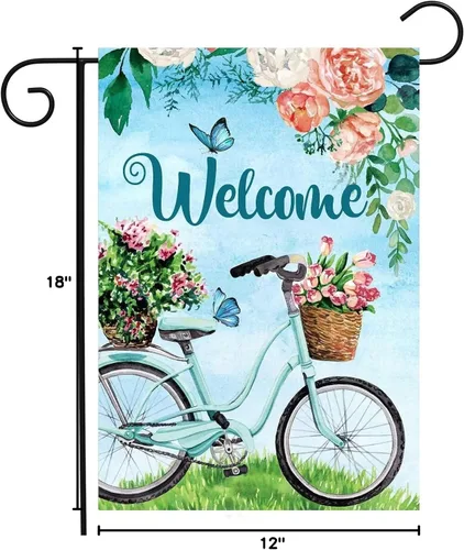 Vista 6 de Bandera de bienvenida para primavera y verano para bicicleta, diseño de margaritas, mariposa, paisaje, jardín, patio, 12 x 18 pulgadas, poliéster