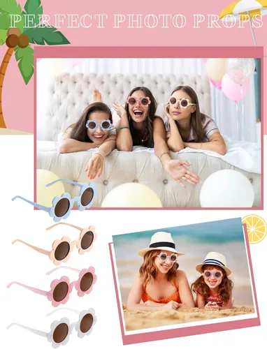 Vista 6 de Kanayu 6 pares de 5.71 pulgadas para adultos, gafas de sol de flores redondas de verano con protección UV, gafas de flores coloridas para mujeres