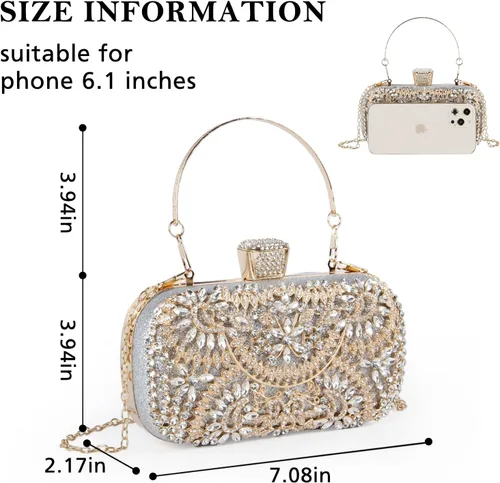 Vista 2 de Bolso de mano con diamantes de imitación, bolsa de noche floral de cristal brillante para mujer, formal, graduación, boda, fiesta