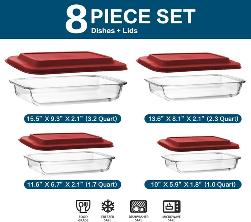 Vista 2 de Juego de 8 platos para hornear de vidrio profundo con tapas de plástico, juego de utensilios rectangulares de vidrio con tapas, moldes para hornear
