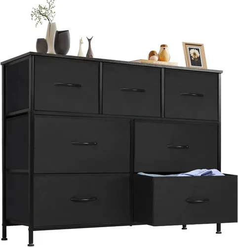 Vista 8 de Sweetcrispy Cómoda para dormitorio, cómoda de tela con 8 cajones, cómoda para armario, sala de estar, marco de acero resistente, parte superior