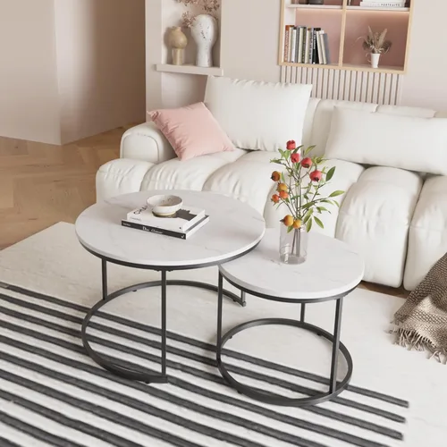 Vista 18 de Mesa auxiliar redonda pequeña, moderna mesa auxiliar anidable de madera para sala de estar, sin montaje, color beige S1-beige