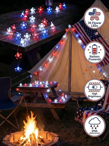 Vista 4 de Guirnalda de luces para interiores del 4 de julio, funciona con pilas, 30 luces LED de color rojo, azul, blanco, flor de cerezo, guirnalda de luces