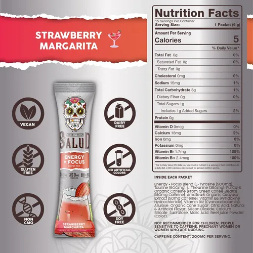 Vista 2 de Salud - Paquete de 2 2 en 1 Energy + Focus (Margarita de fresa) y energía + enfoque (hibisco) – 15 porciones cada una, mezcla de bebida Agua