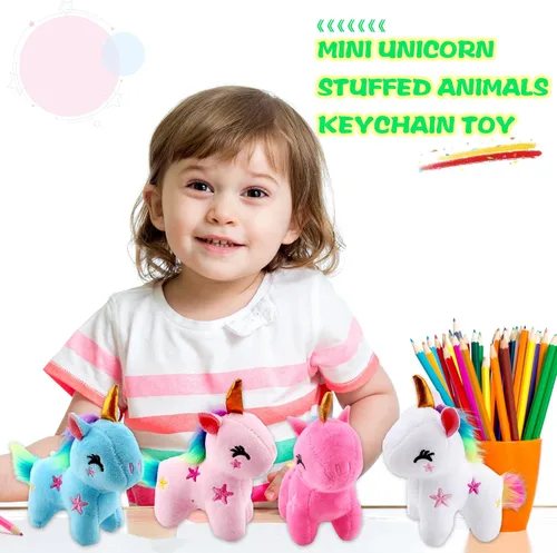 Vista 6 de Paquete de 16 mini juguetes de unicornio de peluche, pequeño unicornio de peluche, lindo llavero de peluche, juguetes a granel para Navidad