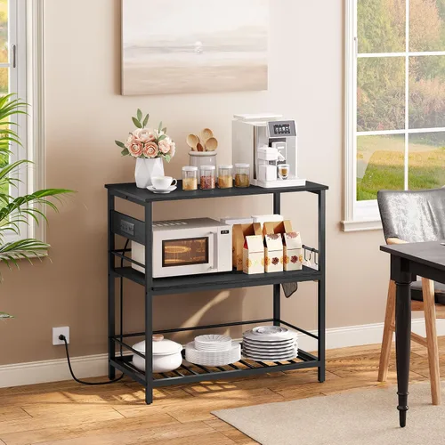 Vista 2 de HOOBRO Isla de Cocina con Almacenamiento, Mesa de Isla de Cocina con Toma de Corriente, 35.4" L Estación de Café de 3 Niveles y Soporte para Negro