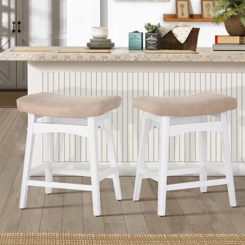 Vista 26 de ALPHA HOME Taburete de bar, taburete de cocina de silla de montar de madera maciza con cojín de tela de lino beige, taburete de bar de altura