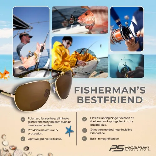 Vista 6 de proSPORT Aviador Polarizado Bifocal Gafas De Sol Lectores Hombres Mujeres De Mar Profundo Pesca Bisagra De Primavera Med - XL Heads, Marco dorado