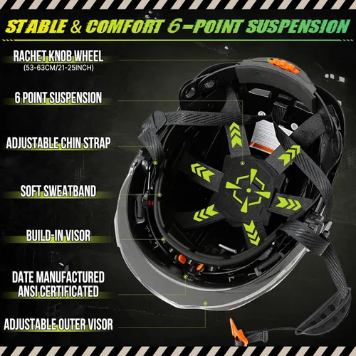 Vista 6 de Construction Hard Hats with Clear and Tinted Visor - OSHA Approved ANSI Z89.1 Dual Eye Protection Black Hard Hat with Chin Straps for Men
