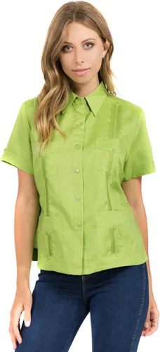 Vista 18 de Mojito Guayabera de manga corta 100% lino tradicional con cuatro bolsillos para mujer