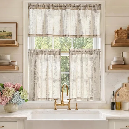 Vista 17 de Jinchan - Juego de cortinas y cenefas de cocina estilo bohemio negro sobre beige y bolsillo para barra Boho Negro sobre Beige