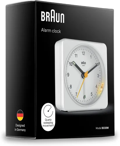 Vista 8 de Braun Reloj despertador analógico clásico con repetición y luz, movimiento de barrido de cuarzo silencioso, alarma de pitido Crescendo en blanco