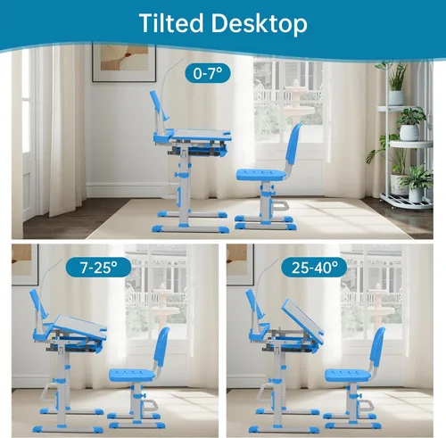 Vista 6 de SMAGREHO Juego de escritorio y silla para niños, mesas de escritura de estudio escolar para niños con altura ajustable con escritorio inclinable
