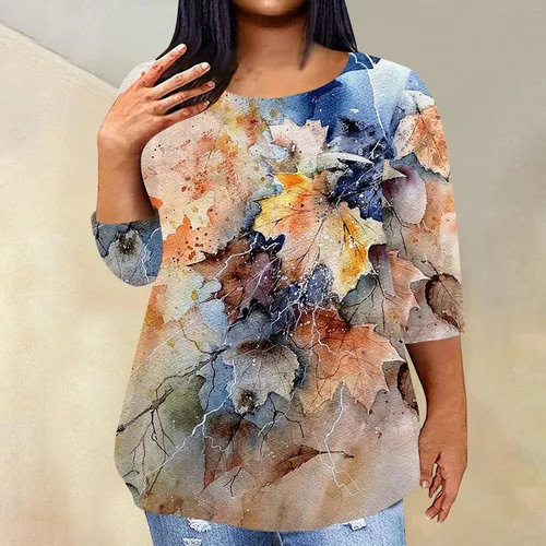 Vista 4 de Camisas de manga larga para mujer, talla grande, manga 34, cuello redondo, blusas estampadas, para ocultar el vientre