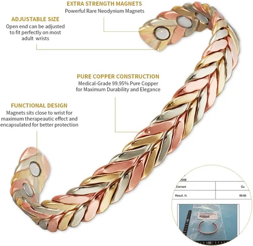 Vista 5 de Pulsera de cobre para mujer, traje de cobre puro, ajustable, tres colores, trenza, magnética, regalo de joyería Fashsion (0932 2040)
