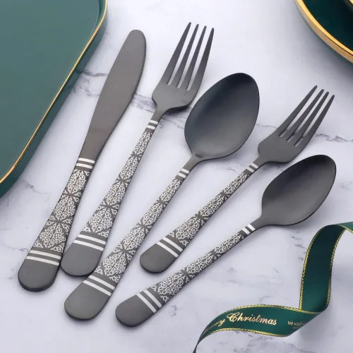 Vista 2 de Christmas Gift Black Hammered Flatware Sets for 4, 20 Pieces Unique Pattern Design Stainless Steel Cutlery Silverware Set Includes Dinner