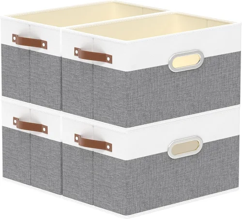 Vista 25 de Yawinhe Cestas de almacenamiento de tela, organizador plegable de armario para estantes, cajas grandes con 3 asas, contenedores de lona para ropa