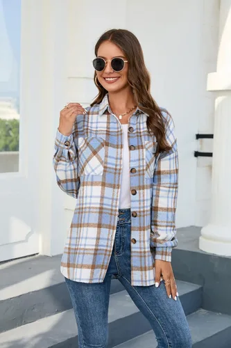 Vista 4 de Chaqueta a cuadros con solapa para mujer, con bolsillo, manga larga, casual, con botones, chaqueta para exteriores