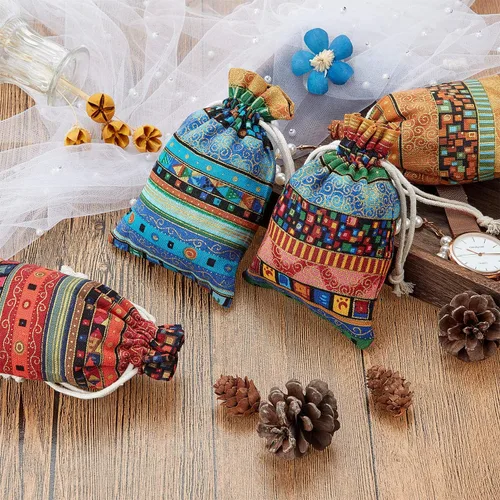 Vista 6 de Paquete de 56 bolsas de joyería de caramelo egipcio, bolsas de monedas con estampado azteca, bolsa de regalo con cordón para regalos de devolución