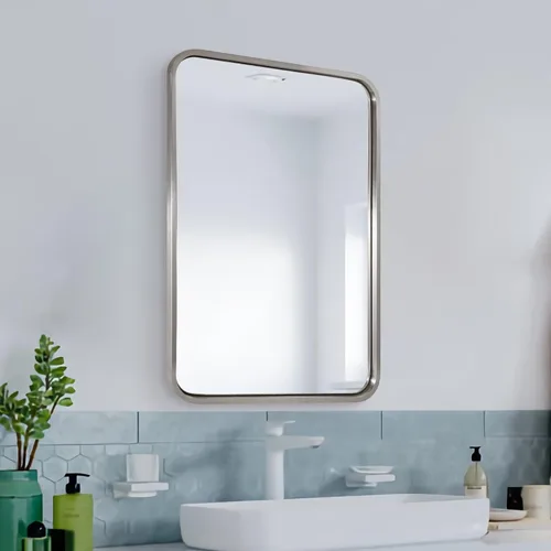 Vista 68 de Espejo de latón para baño, espejo rectangular redondeado de 22x30 pulgadas con marco de metal cepillado dorado, espejo de tocador de baño sin