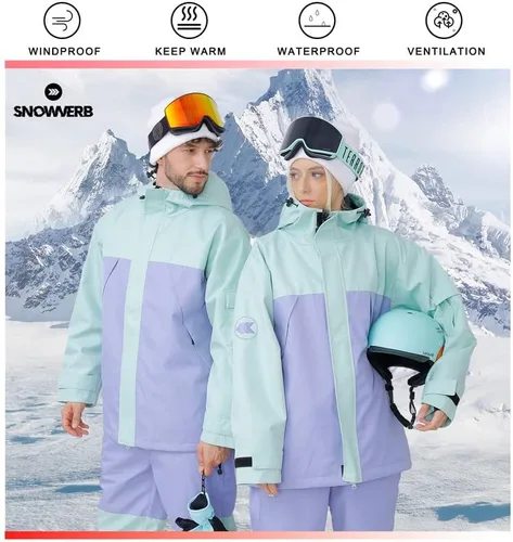Vista 2 de SNOWVERB Impermeable para hombre y mujer, resistente al viento, con capucha, aislante, unisex, para esquí, snowboard