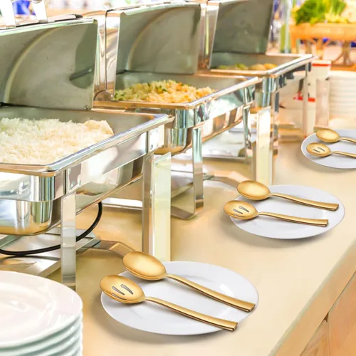 Vista 5 de LIANYU Juego de 6 cucharas y tenedores dorados de acero inoxidable de 8.6 pulgadas para banquetes de catering, aptos para lavavajillas