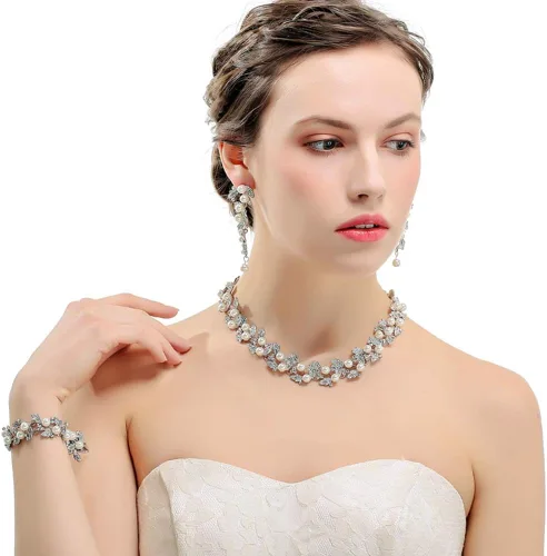 Vista 3 de mecresh Juego de joyas florales de perlas simuladas, collar de boda de cristal, aretes, pulseras, regalo de compromiso