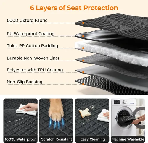 Vista 6 de URPOWER Funda de asiento de coche para perro para asiento trasero Todo negro