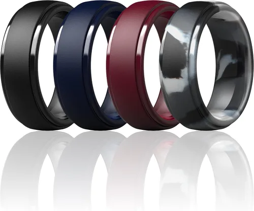 Vista 22 de ThunderFit Anillos de silicona para hombres, bandas de boda de goma con Pack A: Negro carbón