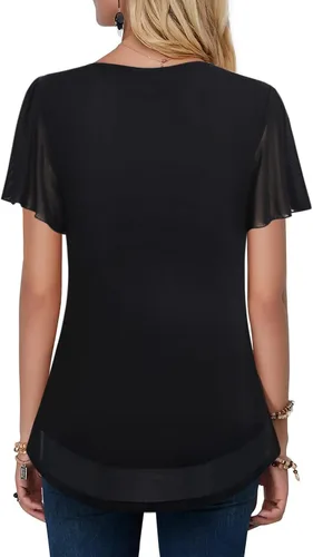 Vista 2 de VALOLIA Camisetas de manga corta para mujer, estilo casual, cuello en V, doble capa, túnicas de malla