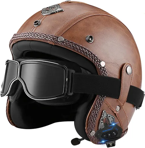 Vista 16 de Casco retro de motocicleta con Bluetooth, casco de cuero Jet con gafas personalizadas, medio casco de motocicleta 3/4 aprobado por DOT, casco