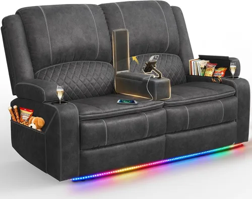 Vista 26 de Sofá reclinable de 3 plazas, sofá reclinable con consola elevable (terciopelo, gris)