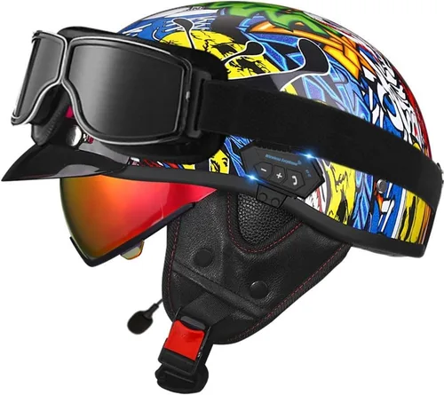 Vista 11 de Casco de cara abierta con Bluetooth para hombres y mujeres, casco retro de estilo alemán con diseño de calavera, visera con gafas, casco de media