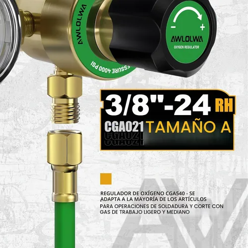 Vista 3 de Juego de reguladores de oxígeno acetileno, tamaño A Reguladores CGA540 y CGA200, conexión de salida de 3/8"-24