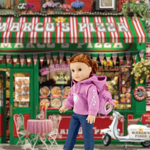 Vista 7 de Emily Rose Conjunto de 3 piezas con sudadera con capucha rosa de 18 pulgadas, con sudadera, jeans y mochila a juego, ropa de muñeca de 18 pulgadas