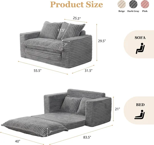 Vista 3 de Sofá Cama de Dos Plazas, Sofá Cama Convertible Sillón Futón para Sala de Estar, Sofá de Piso Extraíble 3 en 1 con Cojín y Almohadas, Gris Oscuro