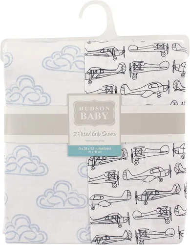 Vista 2 de Hudson Baby Sábana bajera ajustable unisex de algodón para cuna, avión, talla única