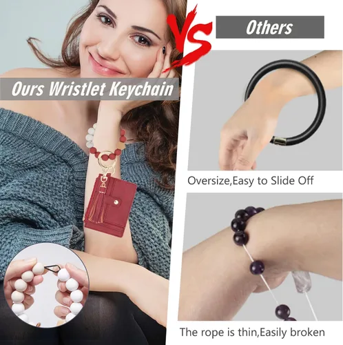 Vista 4 de Cartera llavero pulsera para mujer, delgado RFID tarjeta de crédito, monedero, borla llavero brazalete para hombres y mujeres, Carmesí, Rfid