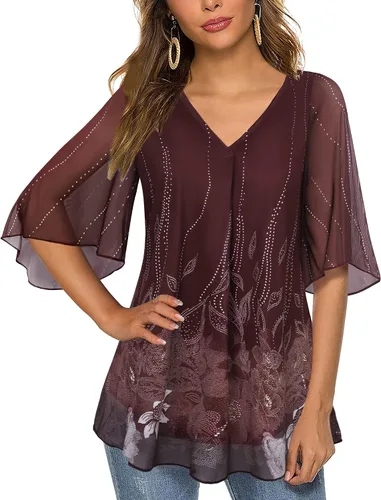 Vista 3 de Bebonnie Blusas holgadas de malla floral con cuello en V y mangas acampanadas para mujer