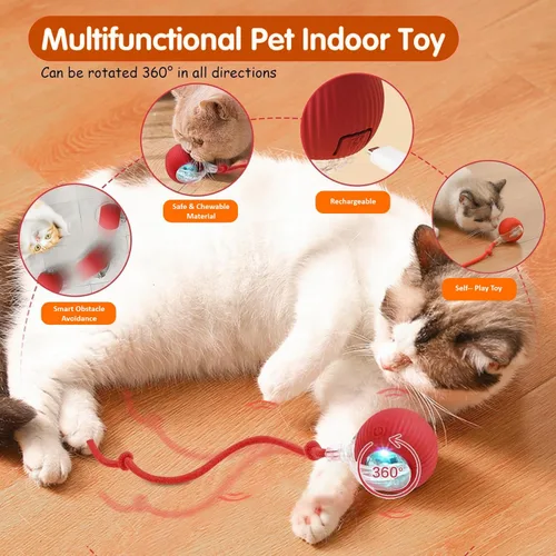 Vista 3 de Juguete de bola de gato en movimiento ágil con cuerda (rojo)