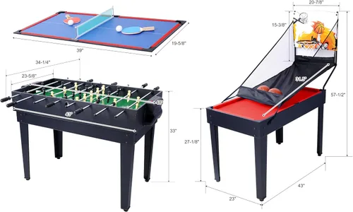 Vista 3 de Juego de mesa de juego 5 en 1 para el hogar, sala de juegos, amigos y familia, con billar, hockey de empuje, futbolín, ping pong y baloncesto, negro