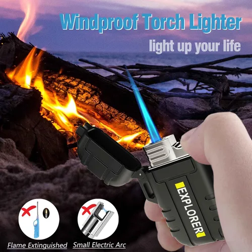 Vista 3 de Encendedor de antorcha de butano impermeable, recargable, resistente al viento, con llama de chorro para chimenea, fuegos artificiales, parrilla