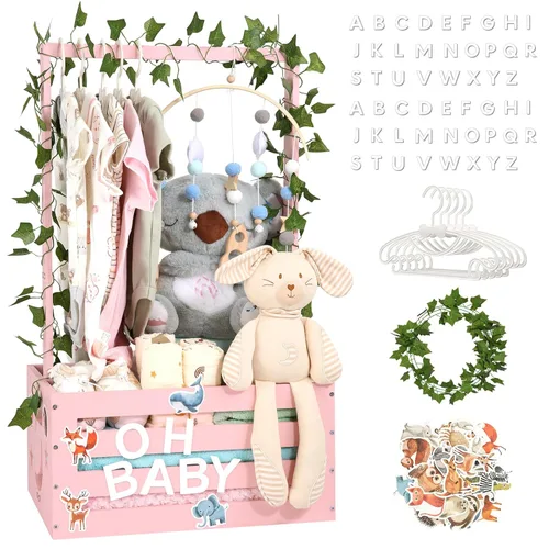 Vista 9 de Cesta grande de regalos para baby shower, caja de madera, colgadores de letras de madera personalizadas para bebé recién nacido niña niño, regalos