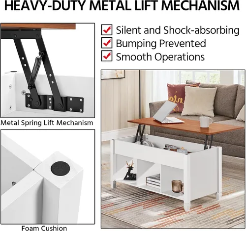 Vista 6 de Topeakmart Mesa de centro con parte superior elevable con compartimento de almacenamiento oculto y estante abierto, mesa central rústica para sala